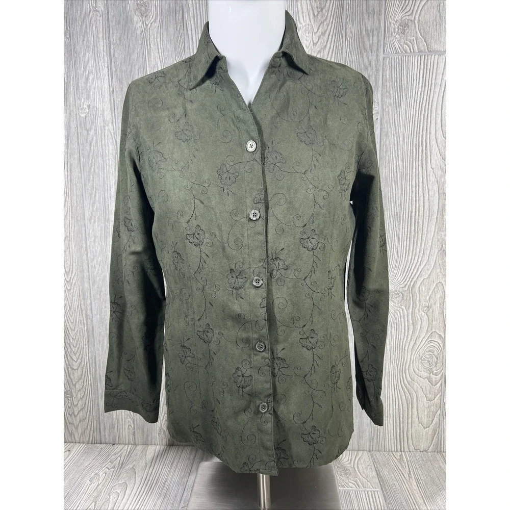 Vintage Sag Harbor Embroidered Green Floral Button Up Shirt Womens SZ M